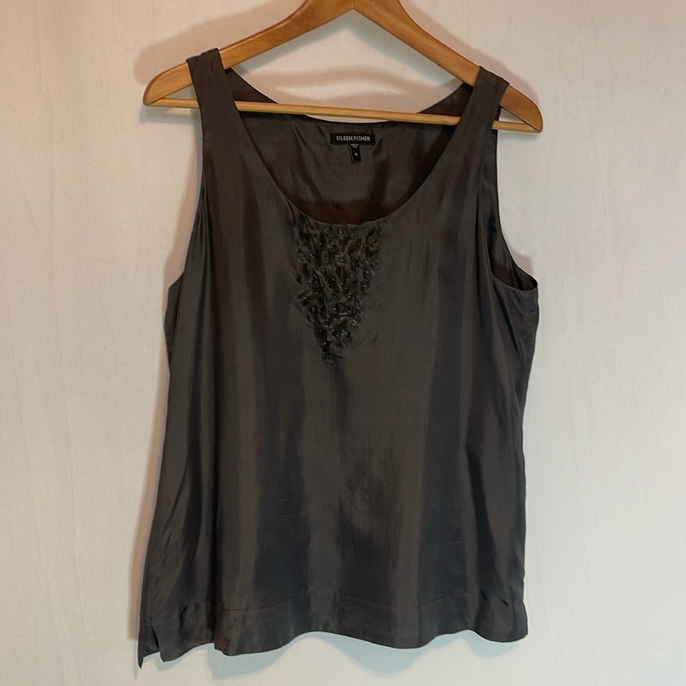EILEEN FISHER Tank Grey 100% Silk Floating Squares Scoop Neckline Size Med EUC